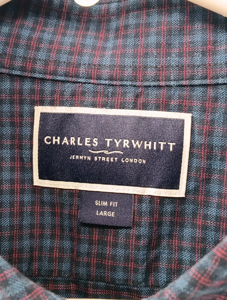 Рубашка мужская Charles Tyrwhitt большая синяя узкая сетчатая клетчатая деловая повседневная  - Изображение 3 из 4