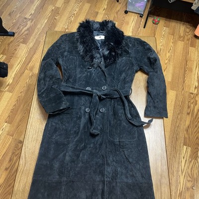 Outer Edge Suede Leather Long Black Jacket Faux Fur Collar Vintage Belt M Trench
