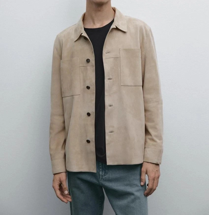 Men's Beige Shirt Jacket 100% Pure Suede Custom Made Size XS S M L XL 2XL - 356 - Image 3 of 4