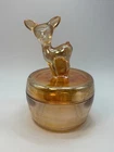 Vintage Jeanette Marigold Carnival Glass Deer Fawn Vanity Powder Jar Dish