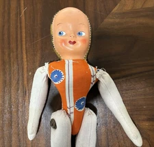 Vintage Poland Hand Made Cloth Sawdust Doll Hand Painted Plastic Face 15”