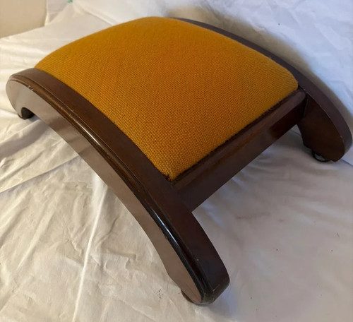 Vintage Arched Wood Upholstered Durable Fabric Footstool 1960's era  21"x13"x6"