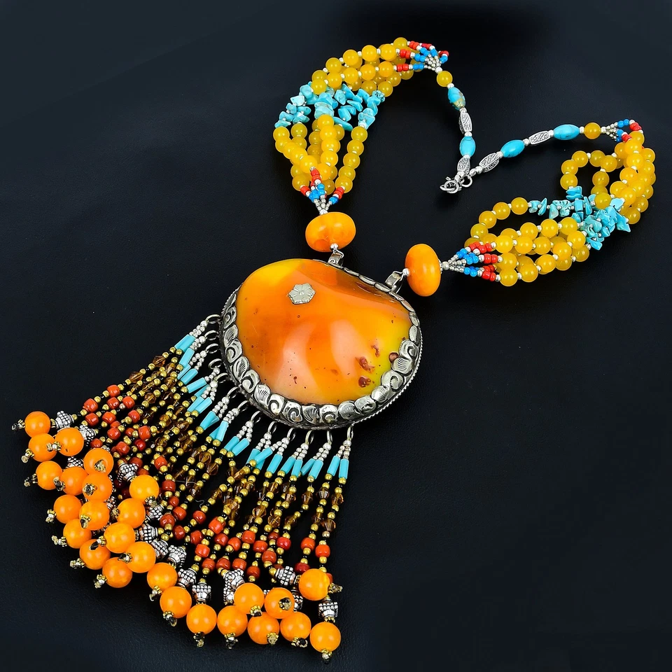 Amarillo Ámbar Turquesa Ónix Bohemio 925 Plata Esterlina Collar de Cuentas 18... - Imagen 3 de 4