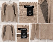 DKNY Jeans Women s Small Beige Knit Sweater Metallic Stripe Long Sleeve Pullover