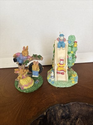 Two Assorted Easter Decor Bunny Rabbit Figurines Holiday Display Playtime Fun