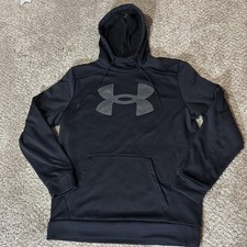 Under Armour Hoodie Mens Medium Black Fleece Pullover Sweatshirt Big Logo