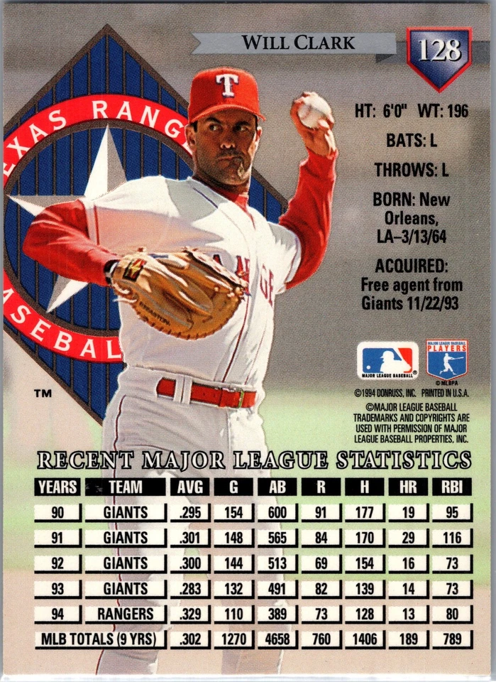 1995 DONRUSS #128 WILL CLARK TEXAS RANGERS BASEBALL CARD MLB - Image 2 of 2