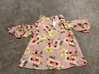 NEW pink floral Alya small short sleeve shirt open shoulder Ruffle Keyhole Back