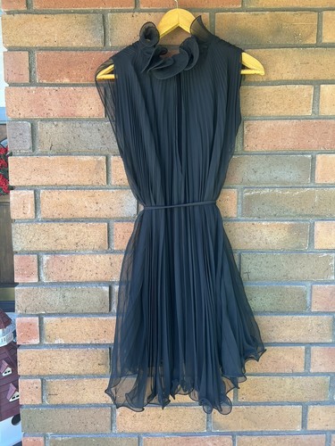 Miss Elliette Lipstick Black Sz 4 Vtg 50s 60s Pleated Chiffon Dress Lettuce Hem - Picture 2 of 8