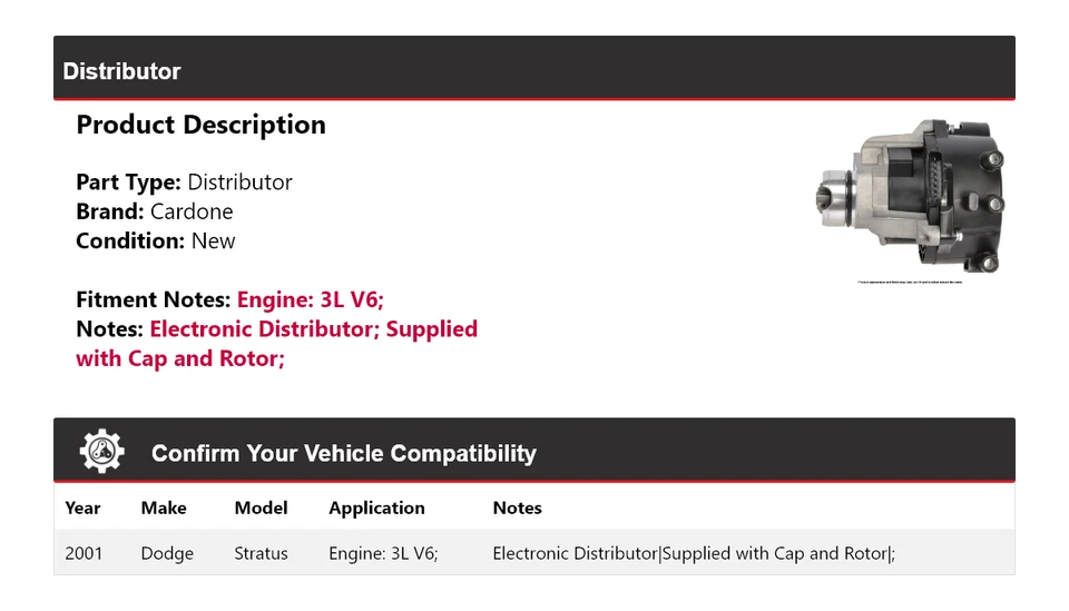 Dodge Stratus 2001 3L V6 distribuidor Cardone Foto 2 de 3