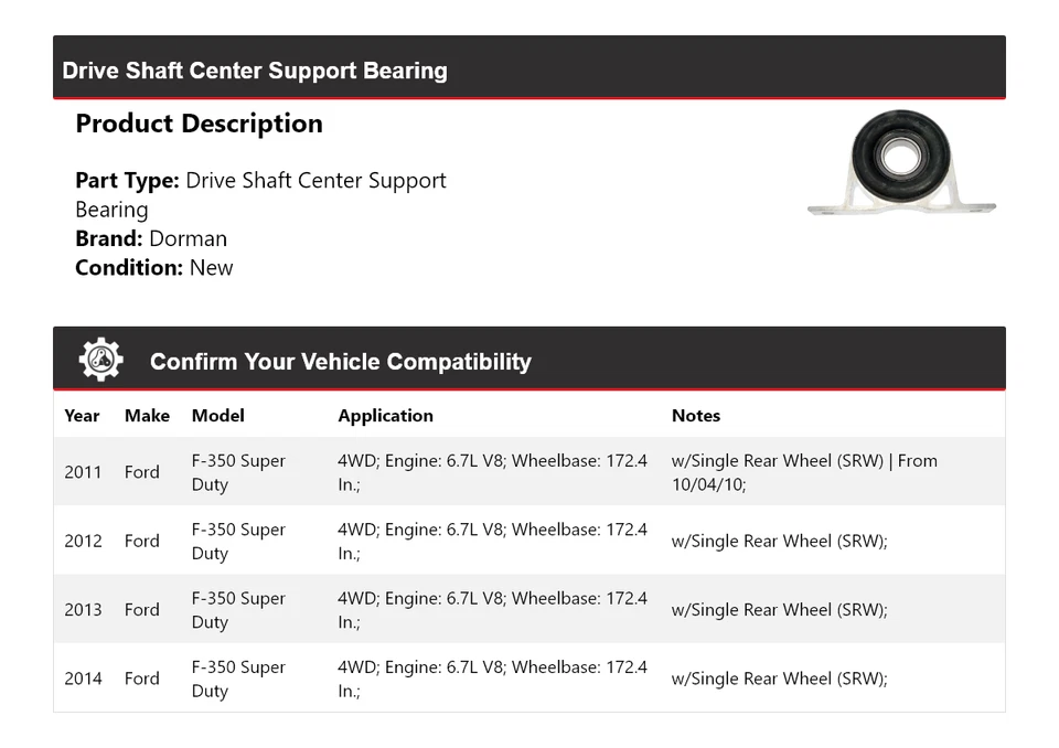 Cojinete de soporte central del eje de transmisión Dorman para Ford F-350 Super Duty 2011-2014 Foto 2 de 4