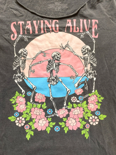 Staying Alive Shirt Womens Medium Gray Dancing Skeletons Flower Whimsigoth Goth - Picture 2 of 10