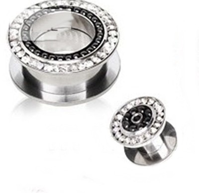 PAIR-Crystal Gems w/Black Chain Steel Screw On Ear Tunnels 10mm/00 Gauge 