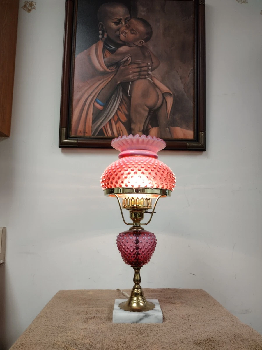 FENTON GLASS STUDENT LAMP CRANBERRY OPAL HOBNAIL SOLID MARBLE BASE Excellent