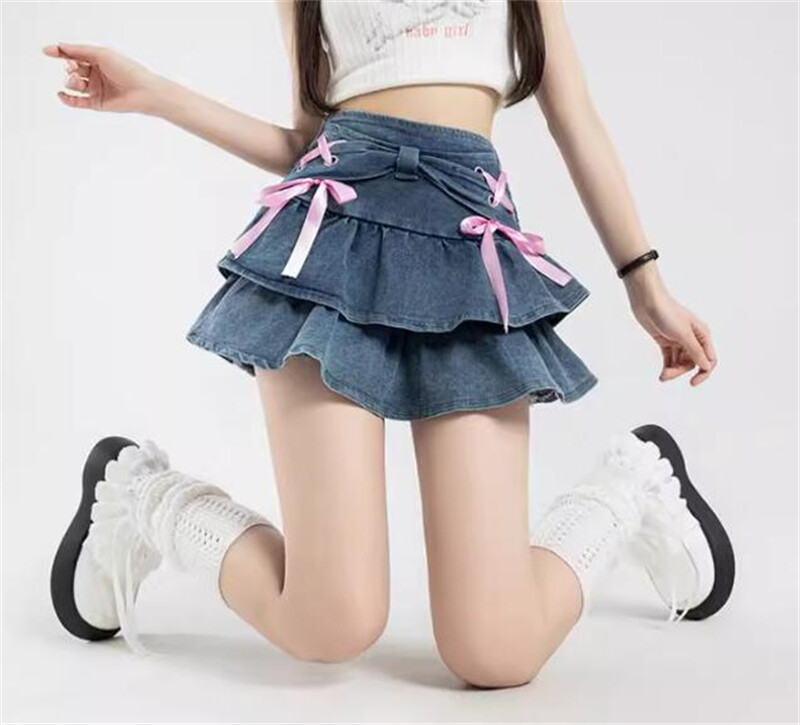 【KIMHEKIM】Mini Skirt With BiColor Bows ★送料関税込★ Japanese Womens College Style bow High Waist Mini Short