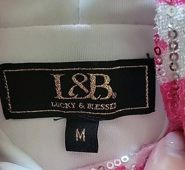 L & B Lucky And Blessed Hoodie Women's Size Medium Pink Sequin White Stars Tunic - Image 3 of 4