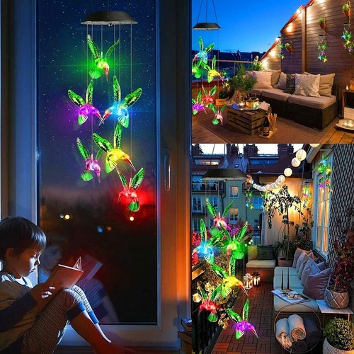 Solar LED Wind Chimes Hanging Lamp Outdoor Garden Colorful Butterfly Bird Sun - Picture 7 of 21
