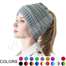 Women's Ponytail Beanie Hat Knitted Skull Slouchy Baggy Winter Ski Cap