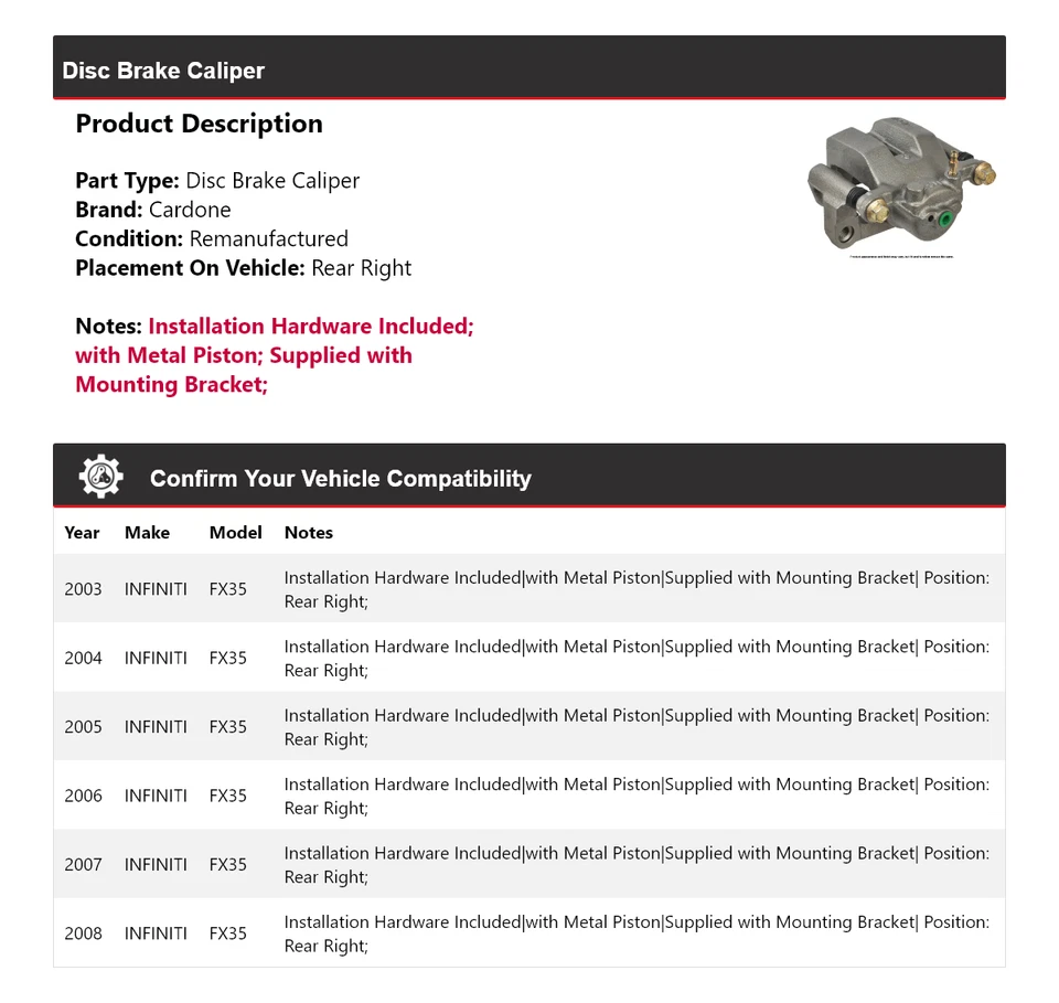 Pinza de freno de disco trasera derecha Cardone 2004 2005 2006 para Infiniti FX35 2003-2008 Foto 2 de 4