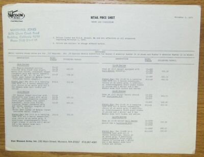 Dan Wesson Retail Price List circa 1976 Factory Paperwork