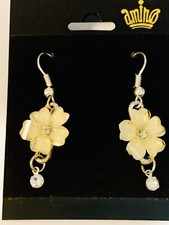 5 Petal Yellow Flower Dangle Fish Hook Earrings With CZ In Center 
