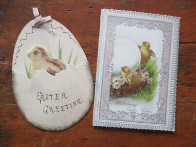 2 VICTORIAN  EASTER greeting cards cute chicks 1 handmade w/velvet UNIQUE