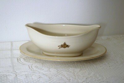 SOCIETY AM FINE ARTS HEIRLOOM Gold Roses Gravy Sauce Boat w/ Attached Underplate