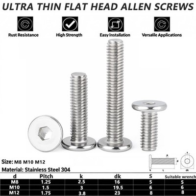 M8 M10 M12 Ultra Thin Wafer Flat Head Screws Bolt Allen A2 Stainless Steel