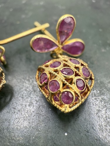 10k Ruby Encrusted Puffy Heart Shaped Italian Dangle Drop Earrings - Picture 3 of 7