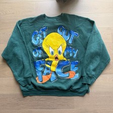 Vintage 90s Tultex Looney Tunes Tweety Bird Sweatshirt Green XL Get Out My Face