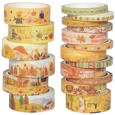 Autumn Washi Tape Set 18 Rolls Fall Printed Embellishment Yellow Decorative M...