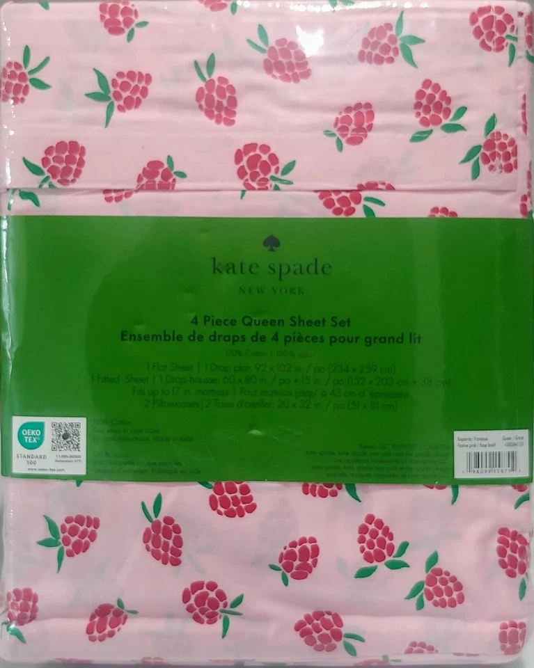 Juego de sábanas Kate Spade New York 4 piezas Queen 100 % algodón rosa frambuesas | *NUEVO* Foto 2 de 3