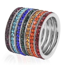 Set of 7 Multi Color Austrian Crystal Stackable Band Rings in Stainless Steel