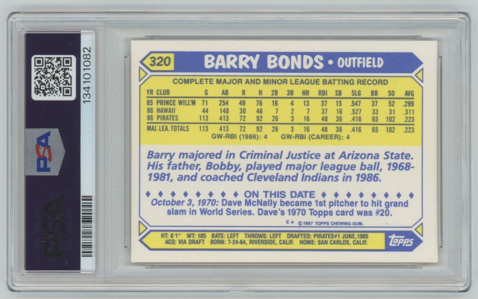 1987 Topps TIFFANY Barry Bonds Rookie PSA 9 Pittsburgh Pirates #320 C17 view 2