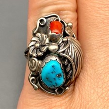 Vintage Navajo Native Coral Turquoise Sterling Silver Ring Size 7