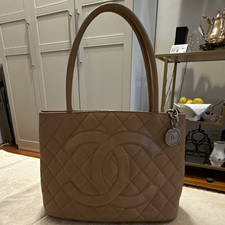 CHANEL Medallion Tote Quilted Caviar Beige Qu...
