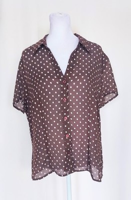 Rena Rowan Petites Short Sleeve Sheer Top Brown White Polka Dot Size 16P