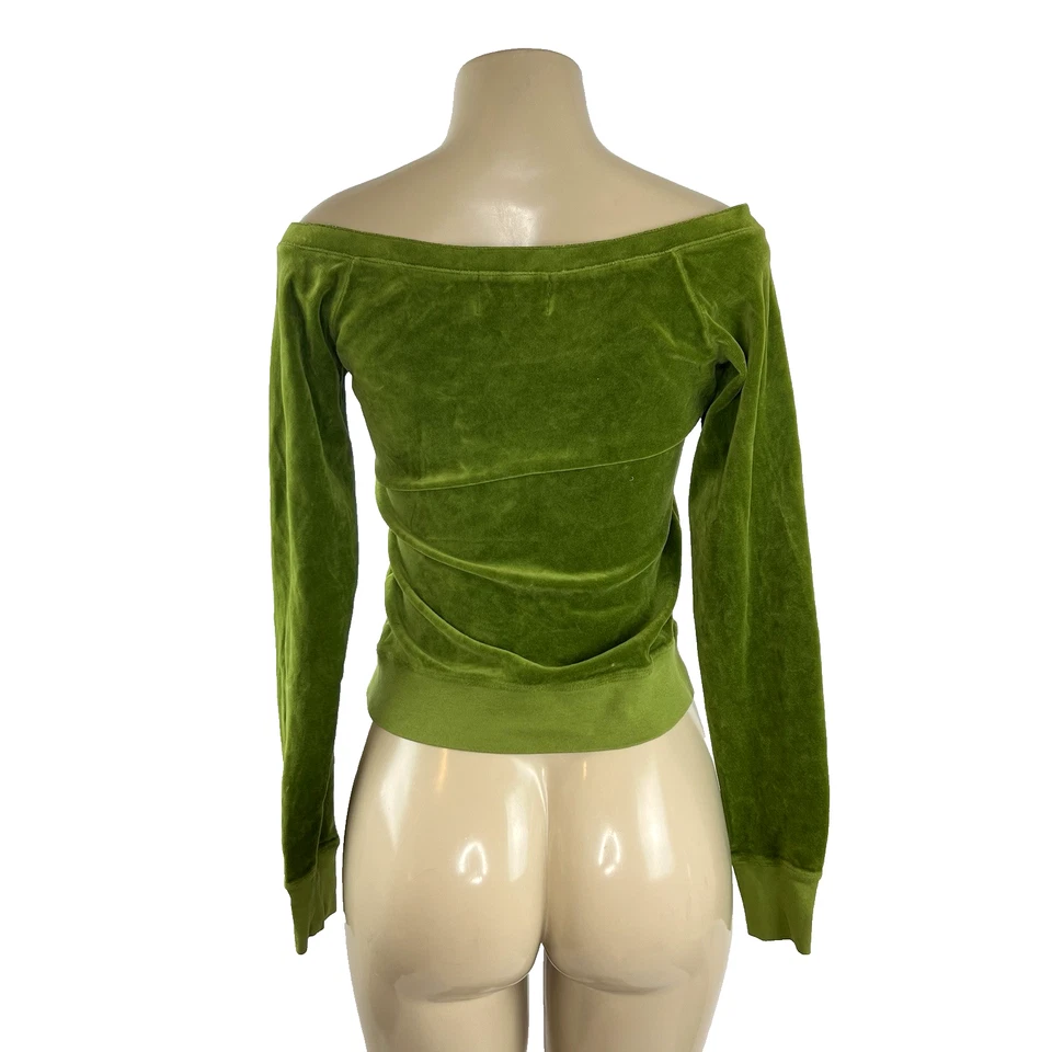 Y2K Vintage Juicy Couture Top Womens Size S Green Velour Off Shoulder Bow Shirt - Image 4 of 4