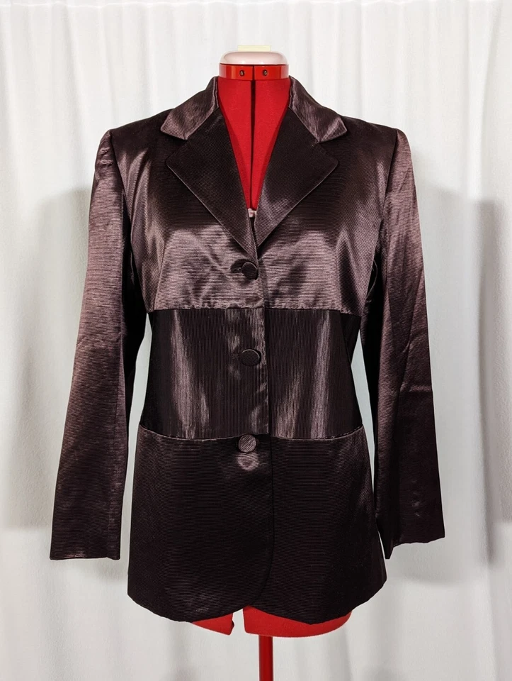 Chaqueta Vivienne Tam Vintage Años 90 Pasarela Rayón Marrón Satinado Cobre Op Art Brillo Foto 2 de 4