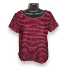 XS ANN TAYLOR LOFT BURGUNDY TEE SHORT SLEEVE RUFFLE ACCENT  RED STRETCH