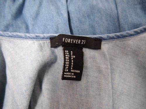 Mameluco Forever 21 para mujer S azul cambray liso con botones cintura ceñida mangas - Imagen 5 de 6