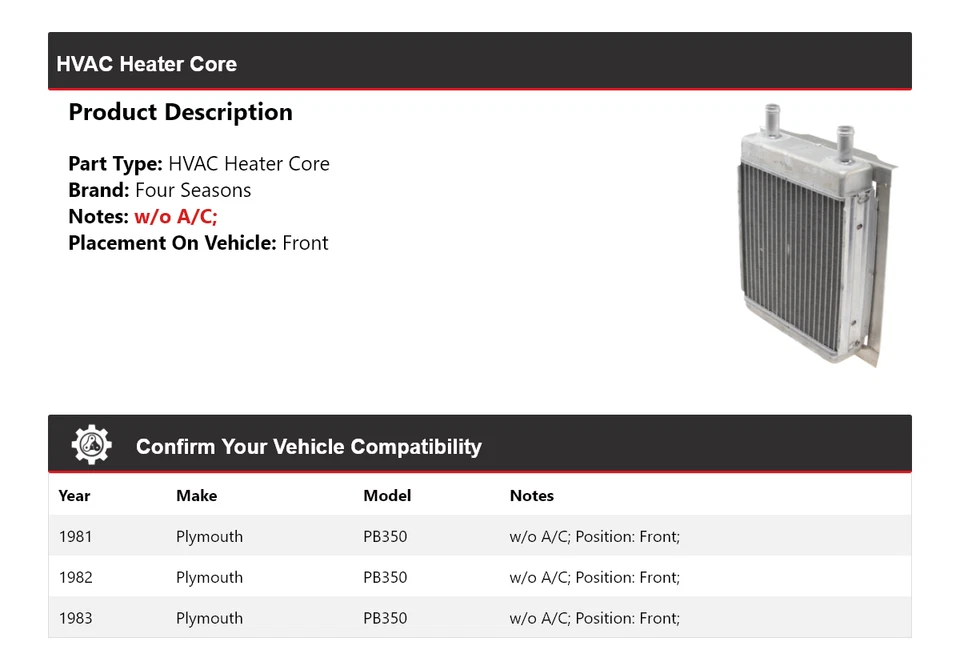 Para 1981-1983 Plymouth PB350 HVAC núcleo calentador delantero 4 estaciones 1982 Foto 2 de 4