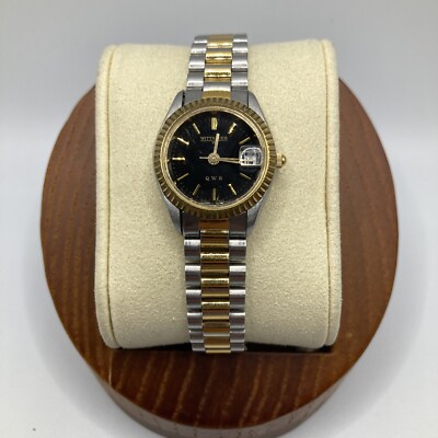 Wittnaur qwr Ladies 23mm Watch Silver & Gold Tone Black Dial Date - RUNS