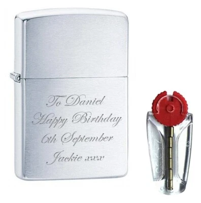 Personalised Engraved Brushed Chrome Zippo Lighter 200 - FREE FLINTS - Image 1 of 3