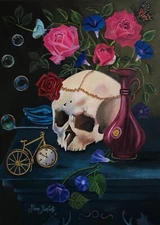 Original oil painting on canvas, skull rose, unframed, 12 x16", new, realism art