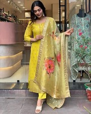 Women' s Viscose Organza Jacquard Embroidery Kurta with Pant  Dupatta