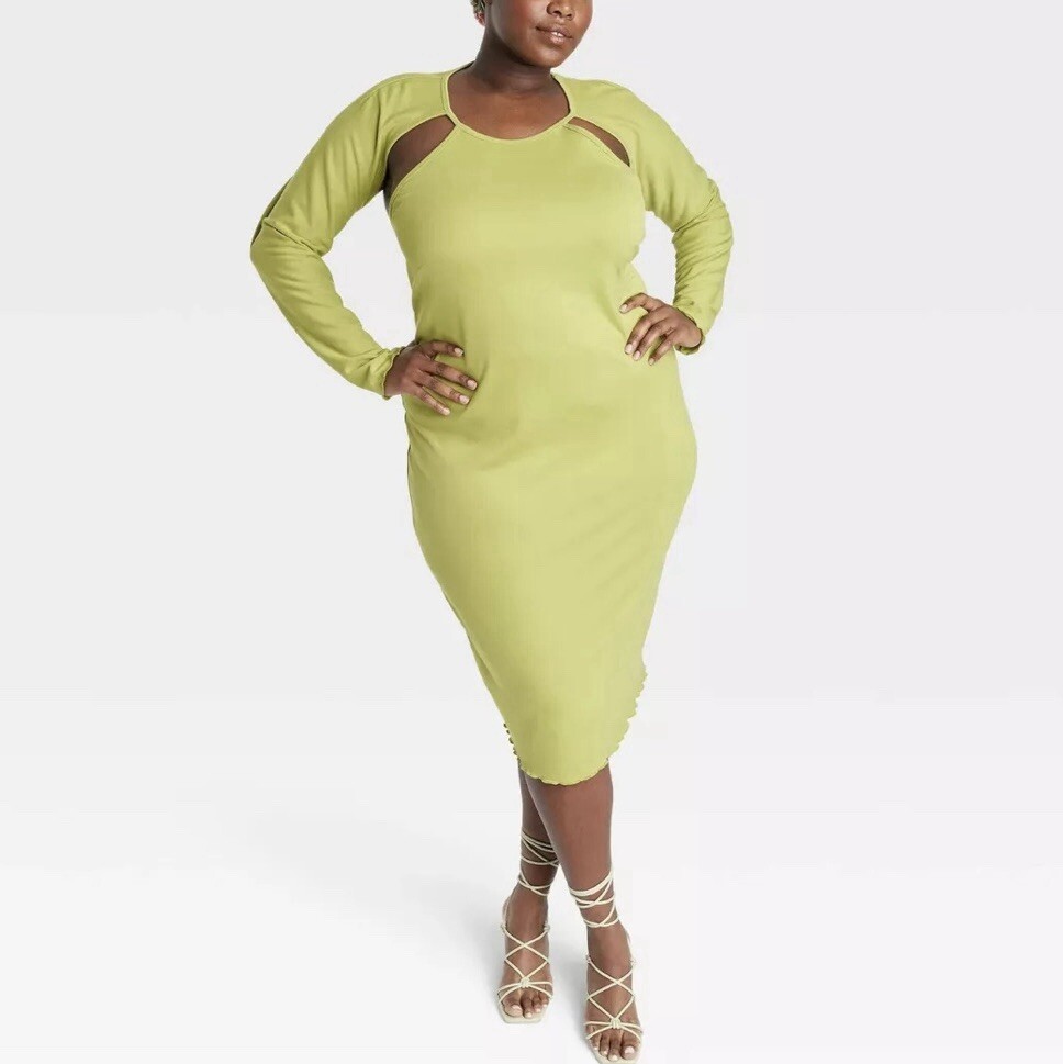 Sammy B Target Green Cut Out Midi Dress Long Sleeve Fitted Sheath