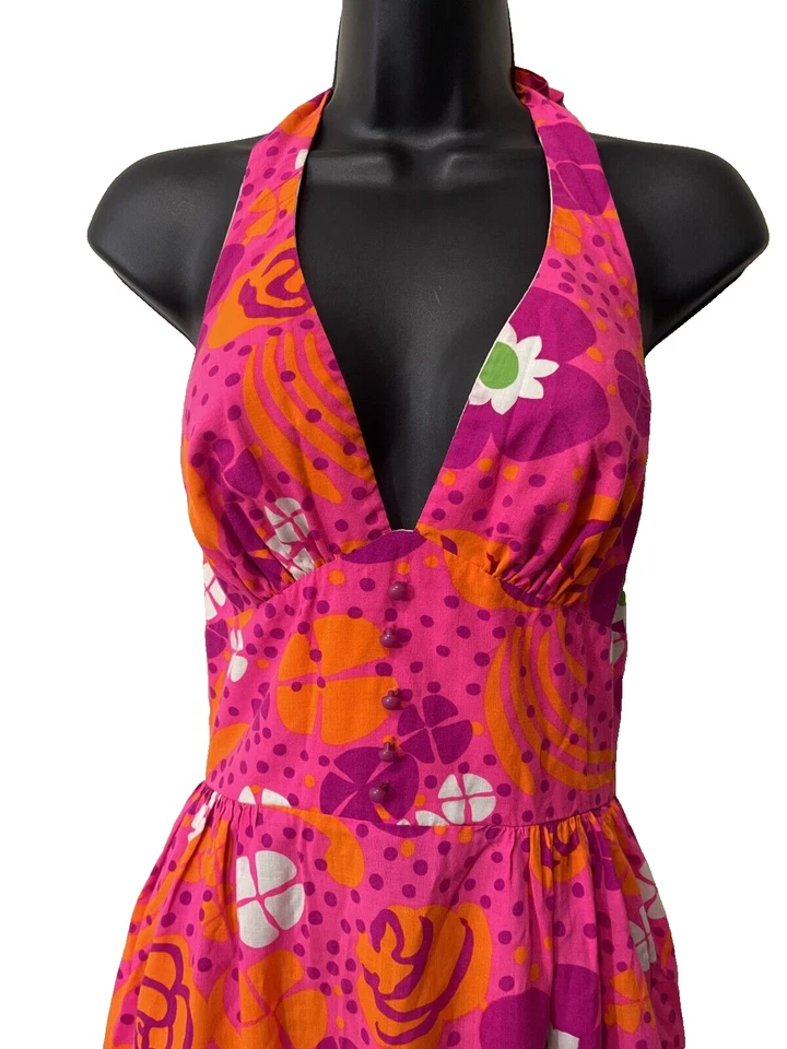 Maxi Vestido Floral Psicodélico Hawaiano Playa Halter Rosa XS Vintage Años 60 70 Foto 3 de 4