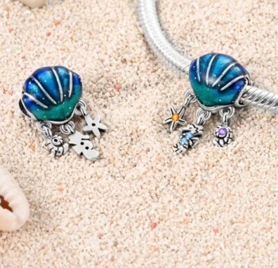 925 Sterling Silber Muschel Anhänger mit baumelndem Seepferdchen, Muschel & Seestern