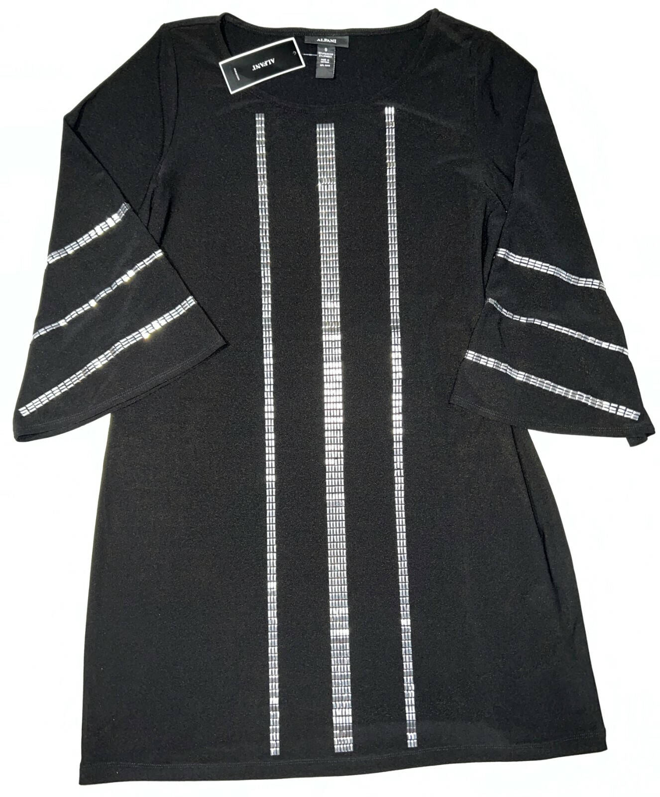 NEW Alfani Noveau Rossa Black Metal Accents Stretch Bell Sleeve Dress Women's S
